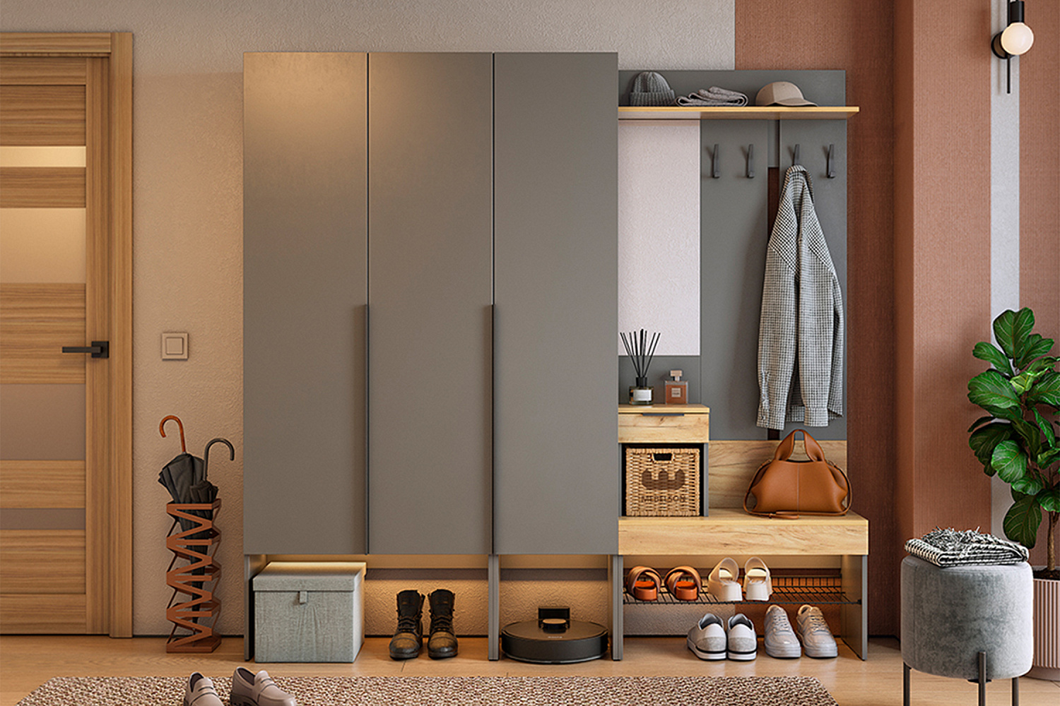 Модульная прихожая Баско графит / дуб крафт золотой