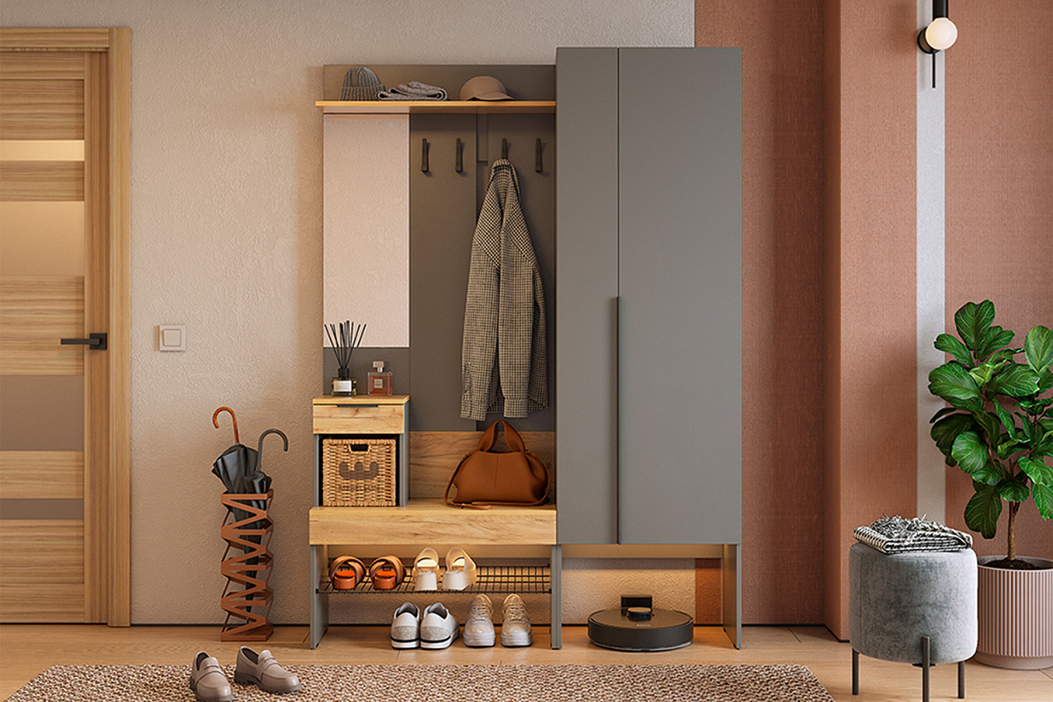 Модульная прихожая Баско графит / дуб крафт золотой