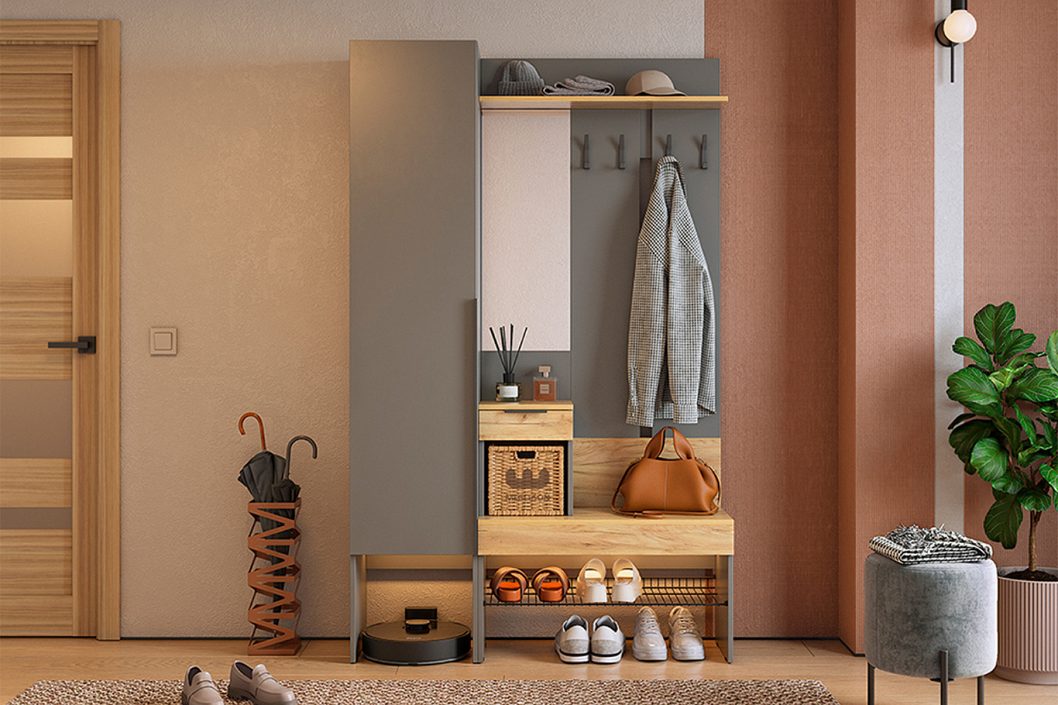 Модульная прихожая Баско графит / дуб крафт золотой