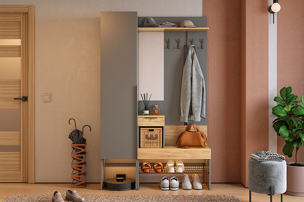 Модульная прихожая Баско графит / дуб крафт золотой