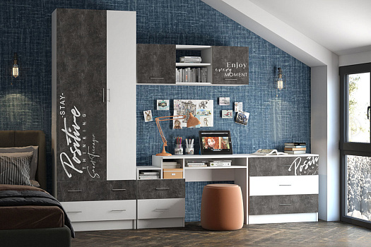 Модульная детская Вега New Позитив бетон темный / белый