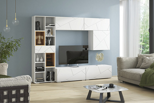 Модульная гостиная Гранж белый шагрень / дуб крафт золотой / матовый белый софт