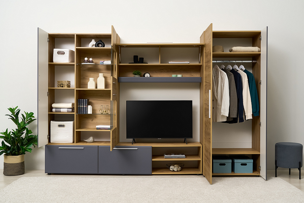 Стенка Сафари дуб крафт золотой / матовый графит софт