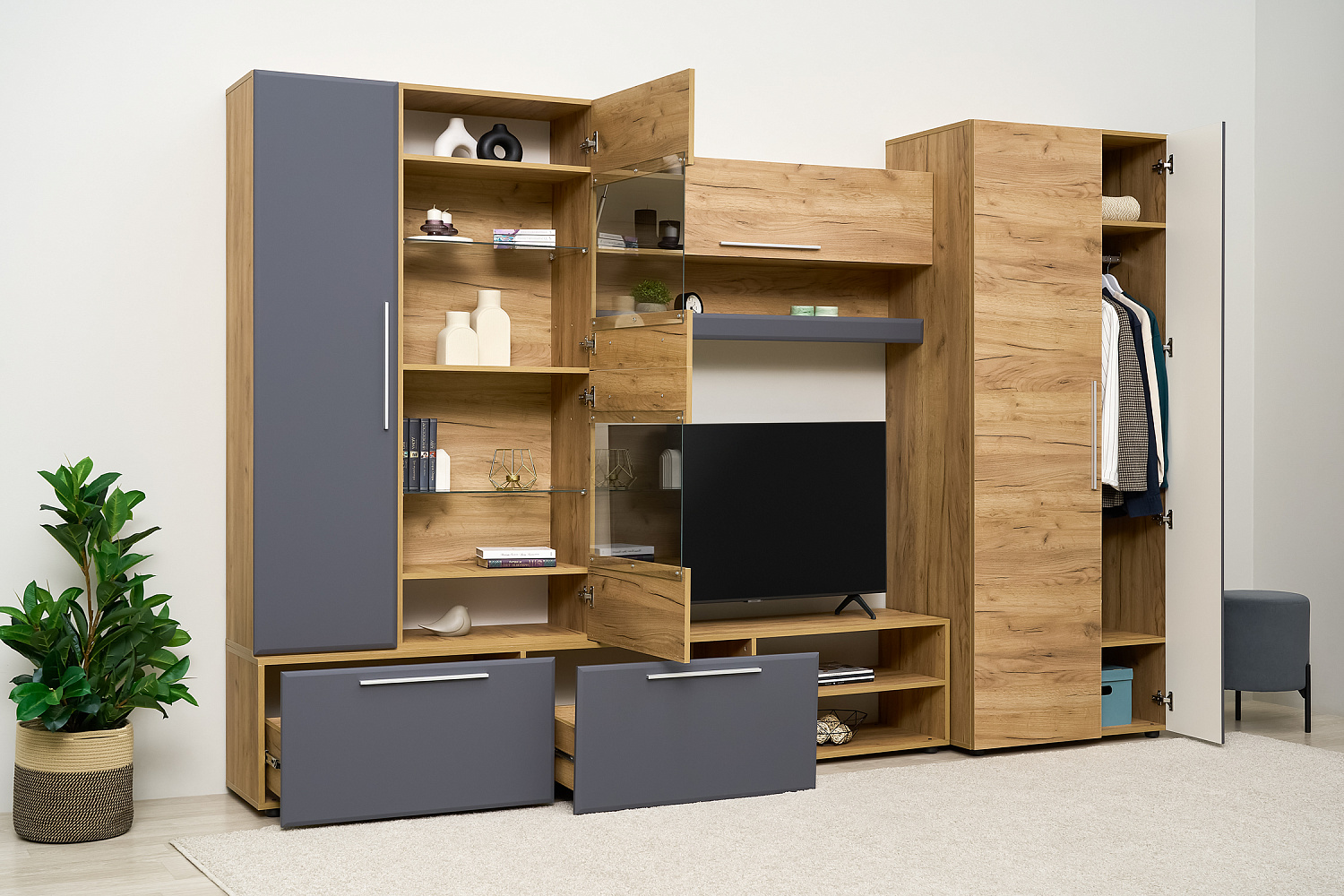 Стенка Сафари дуб крафт золотой / матовый графит софт