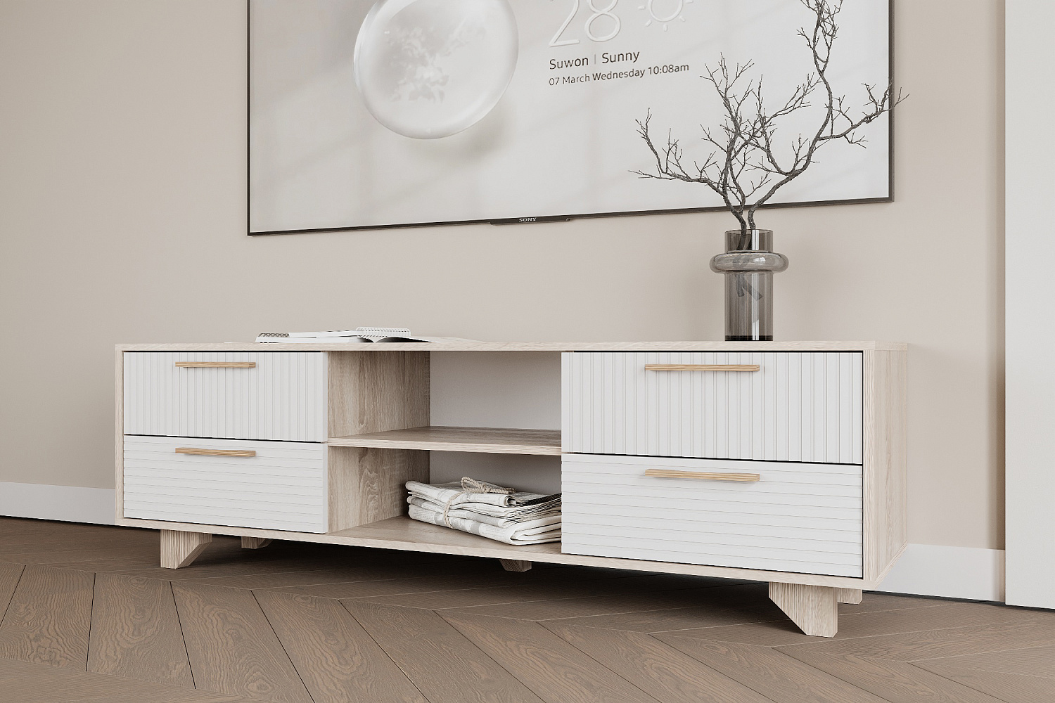 ТВ Тумба Ньёрд 1500.4 дуб сонома / белый софт матовый