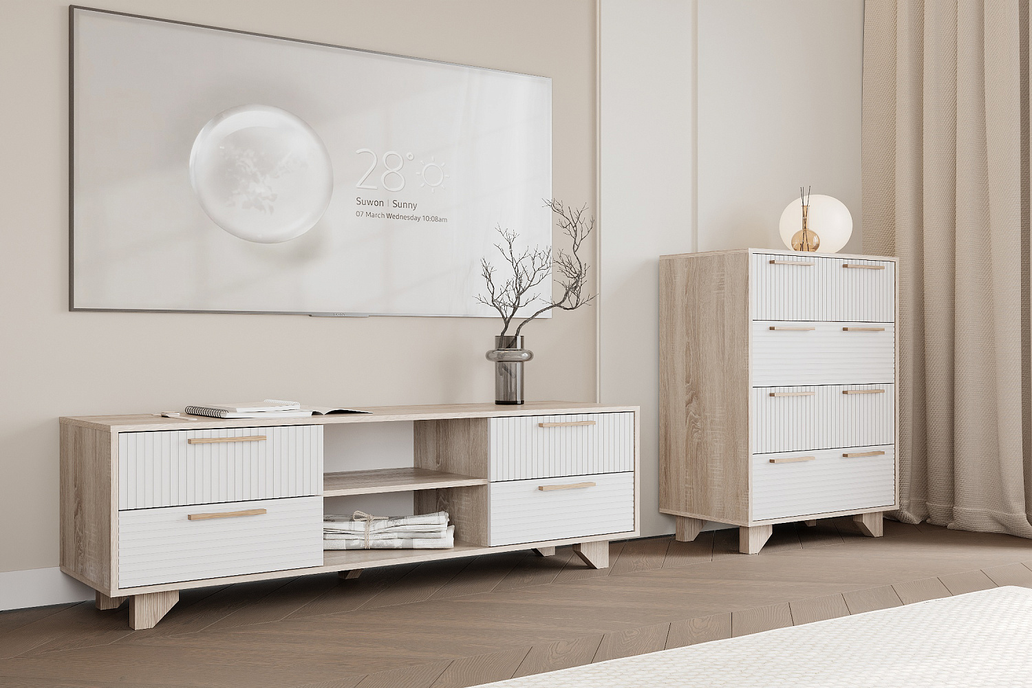 ТВ Тумба Ньёрд 1500.4 дуб сонома / белый софт матовый