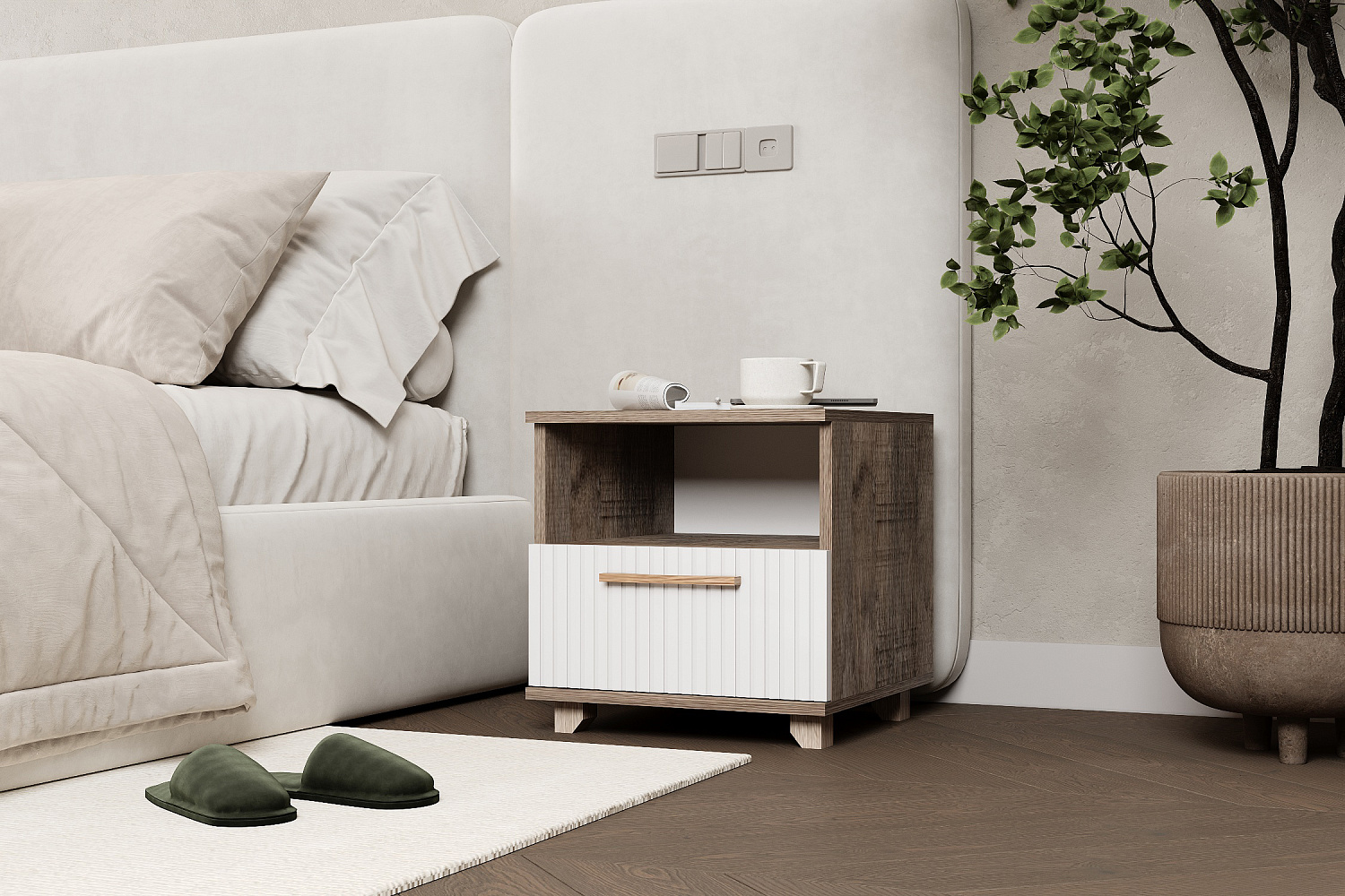 Тумба прикроватная Ньёрд с ящиком дуб самдал / белый софт матовый