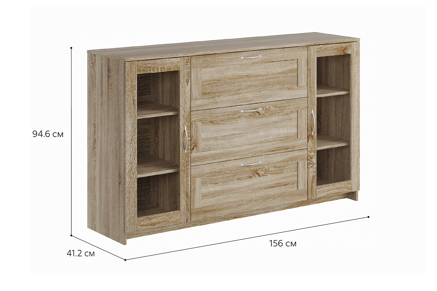 Комод с дверцами Сириус со стеклом и 3 ящиками сонома