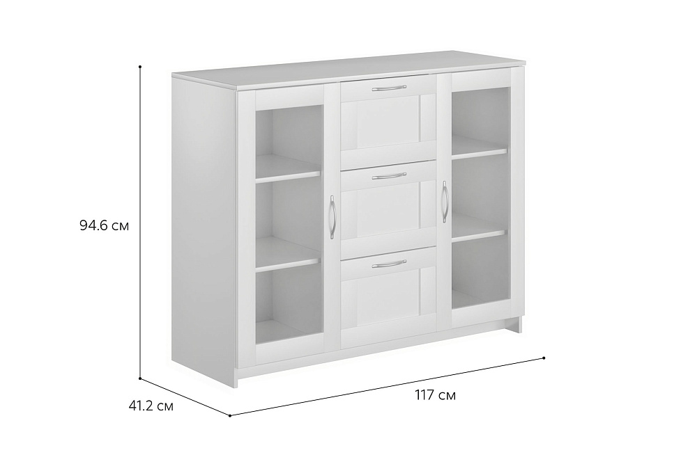Комод с дверцами Сириус со стеклом и 3 ящиками белый