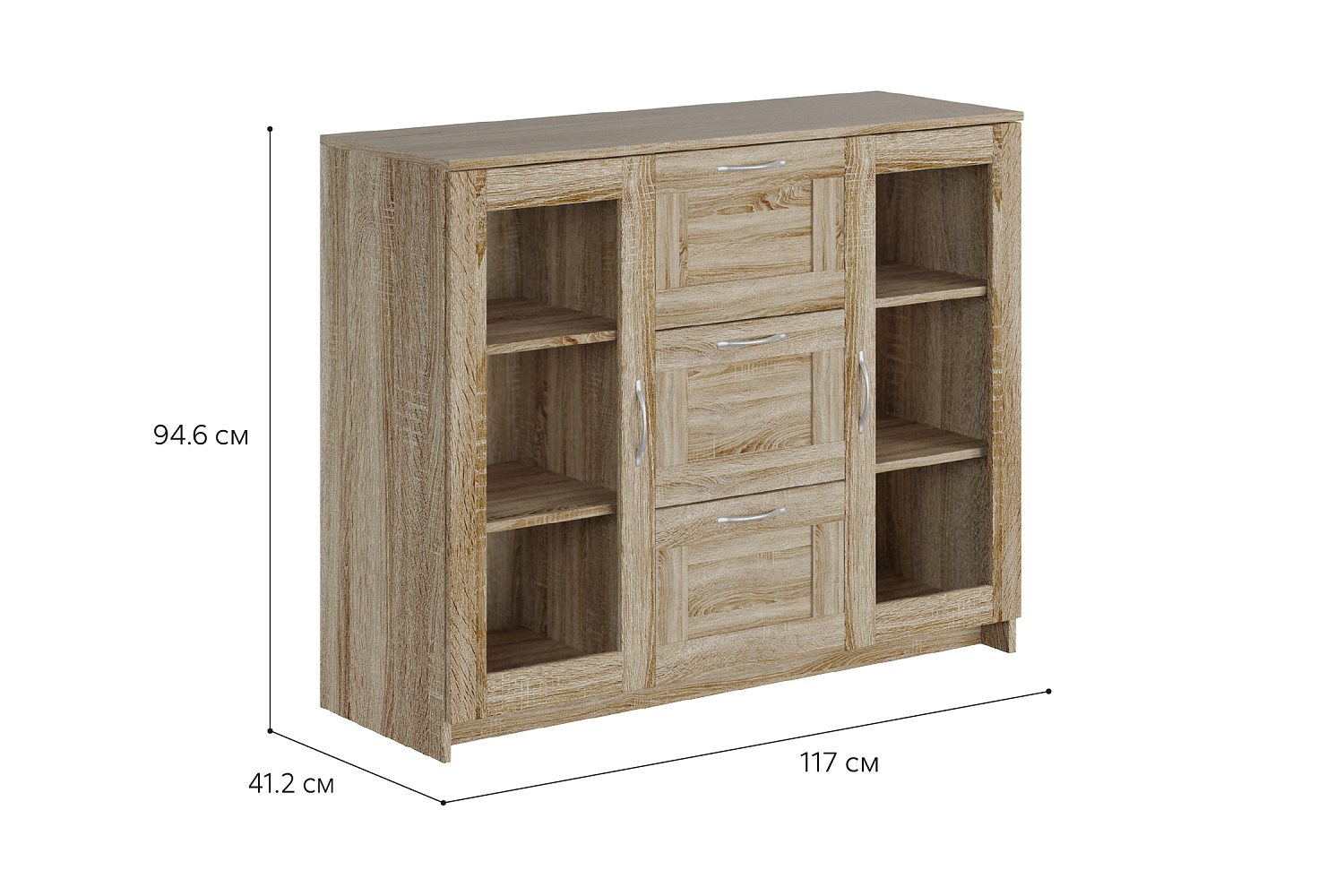Комод с дверцами Сириус со стеклом и 3 ящиками сонома