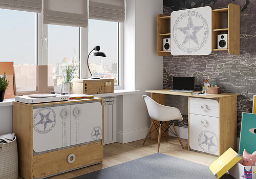 Письменный стол с комодом Мегаполис №4 бунратти / белый с рисунком