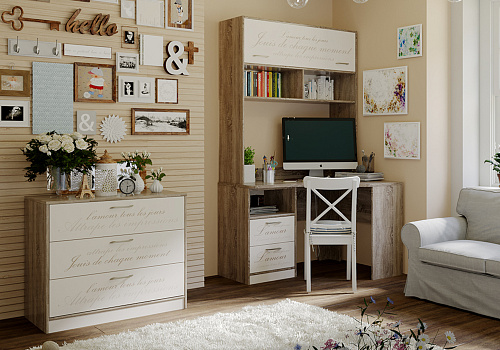 Письменный стол с комодом Брауни №4 дуб сонома трюфель / фон бежевый с рисунком