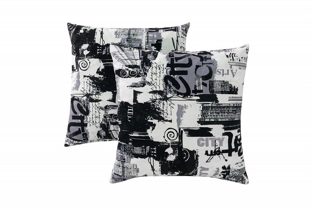 Подушка декоративная 40х40 см микровелюр, принт сити / черно-белая