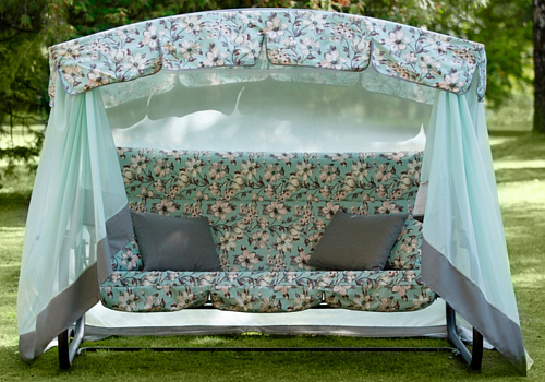 Качели садовые 3-х местные Турин Премиум FLOWER голубые / белые