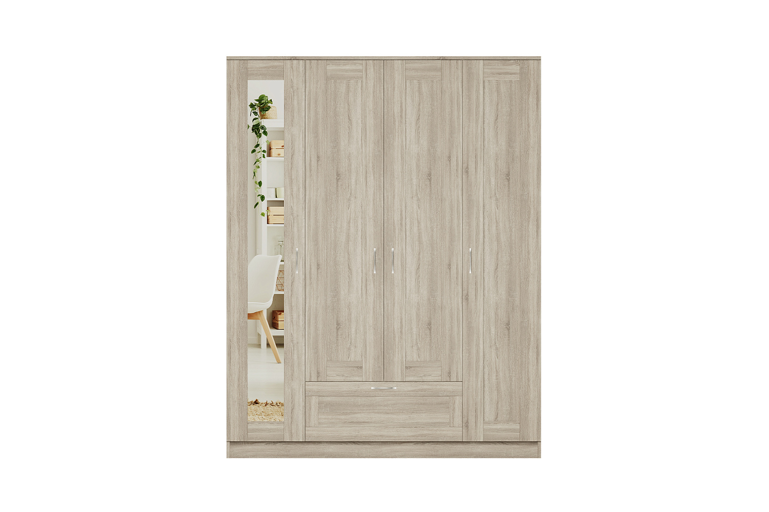 Шкаф четырехстворчатый Сириус дуб сонома с одним ящиком и одним зеркалом