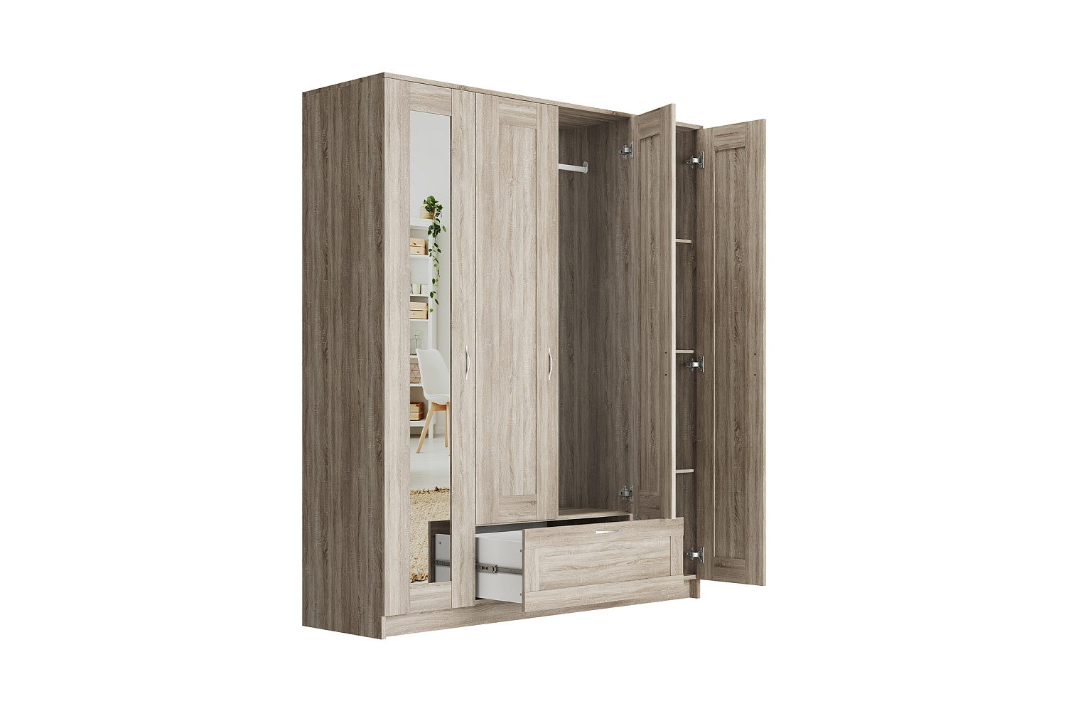 Шкаф четырехстворчатый Сириус дуб сонома с одним ящиком и одним зеркалом