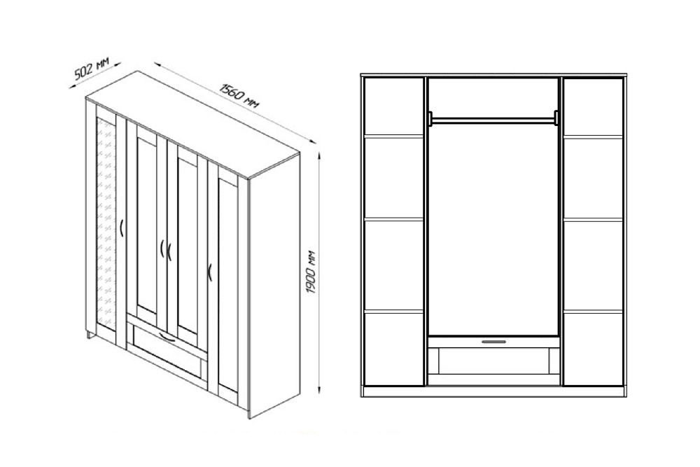 Шкаф четырехстворчатый Сириус дуб сонома с одним ящиком и одним зеркалом