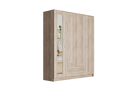 Шкаф четырехстворчатый Сириус дуб сонома с одним ящиком и одним зеркалом