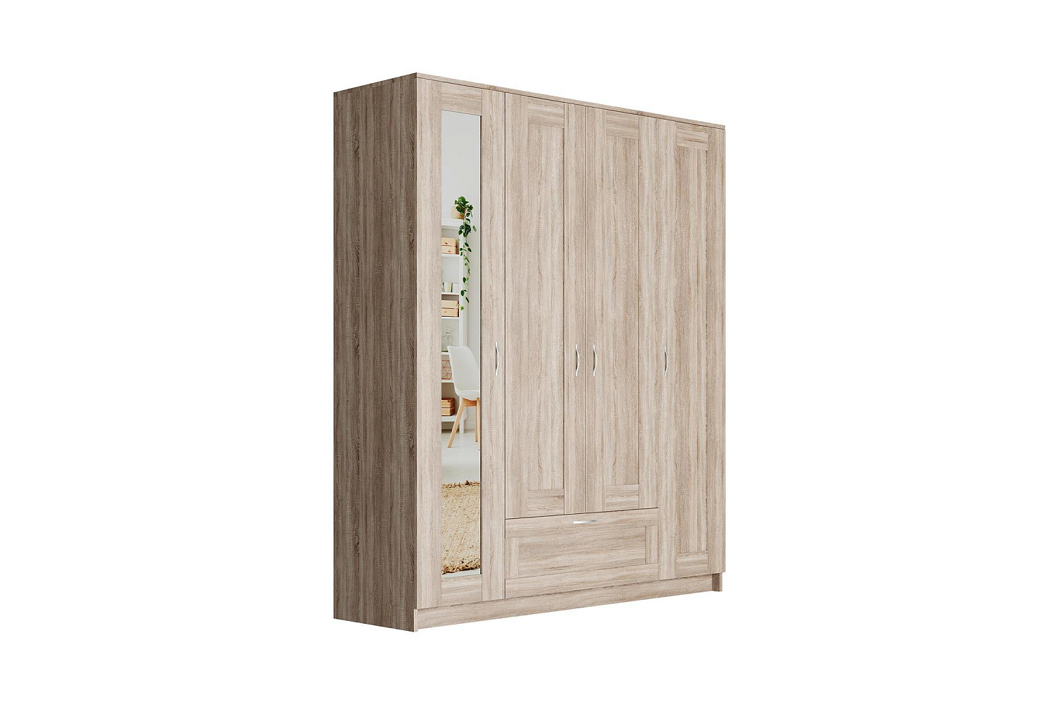 Шкаф четырехстворчатый Сириус дуб сонома с одним ящиком и одним зеркалом