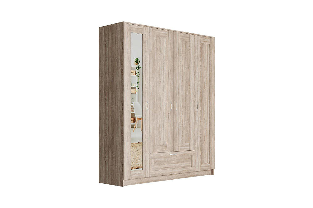 Шкаф четырехстворчатый Сириус дуб сонома с одним ящиком и одним зеркалом