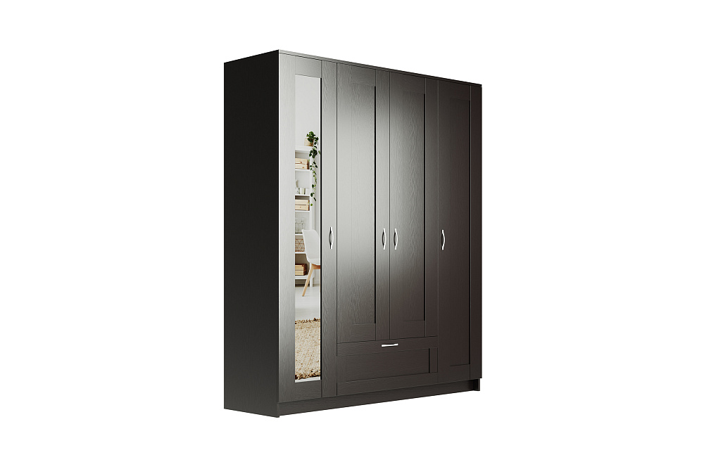 Шкаф четырехстворчатый Сириус дуб венге с одним ящиком и одним зеркалом