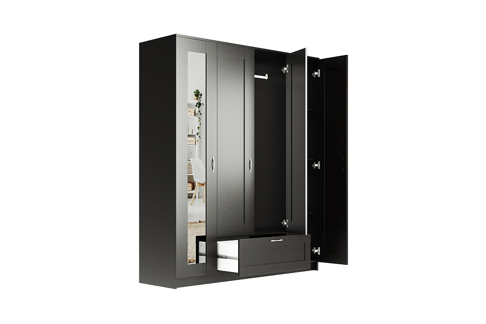 Шкаф четырехстворчатый Сириус дуб венге с одним ящиком и одним зеркалом