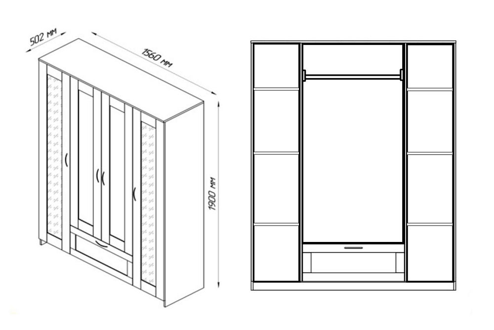 Шкаф четырехстворчатый Сириус дуб венге с одним ящиком и одним зеркалом