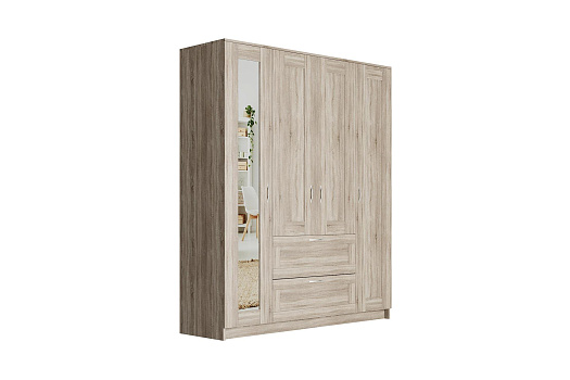 Шкаф четырехстворчатый Сириус дуб сонома с двумя ящиками и одним зеркалом 