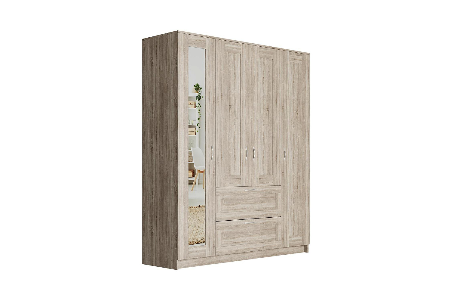 Шкаф четырехстворчатый Сириус дуб сонома с двумя ящиками и одним зеркалом 