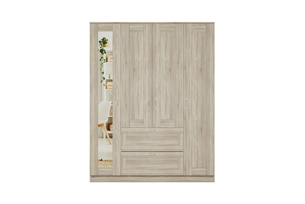 Шкаф четырехстворчатый Сириус дуб сонома с двумя ящиками и одним зеркалом 