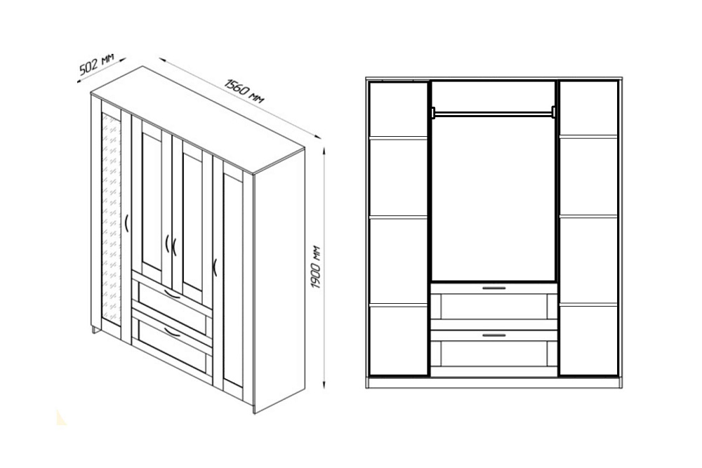 Шкаф четырехстворчатый Сириус дуб сонома с двумя ящиками и одним зеркалом 