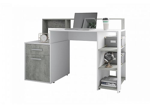 Стол компьютерный с надстройкой Лайф белый / бетон