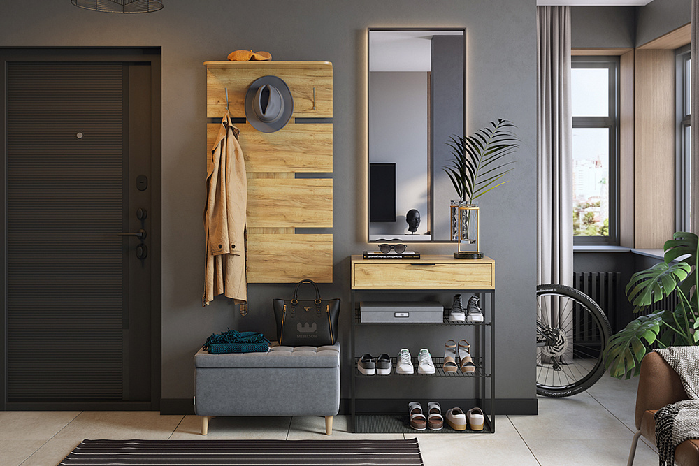 Обувница Краш черный муар / дуб крафт золотой