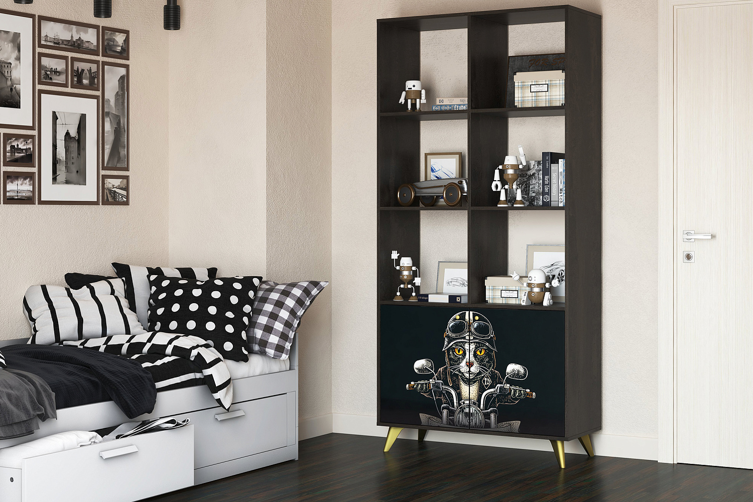 Стеллаж Фьюжн камень угольный / фотопечать biker cat арт. 08-165243 ...