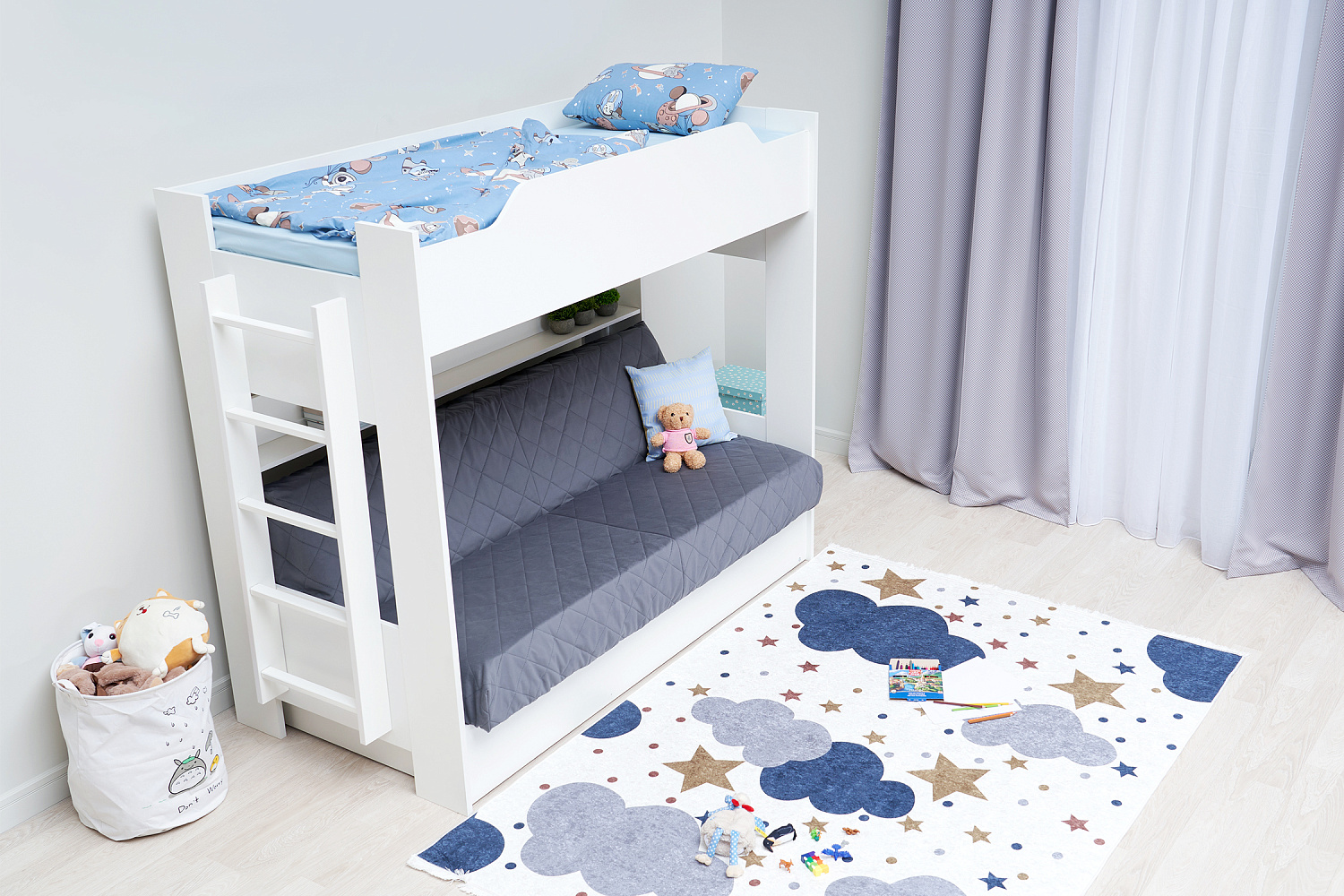 Двухъярусная кровать с диван-кроватью темно-серый / белый