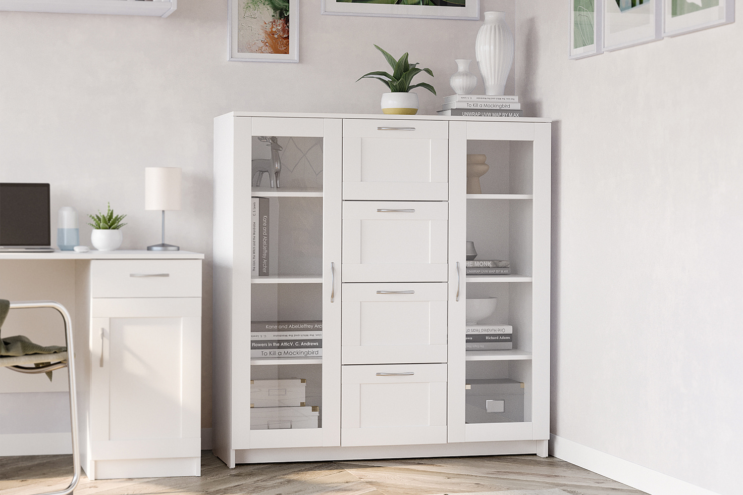 Шкаф-витрина Сириус 4 ящика белый