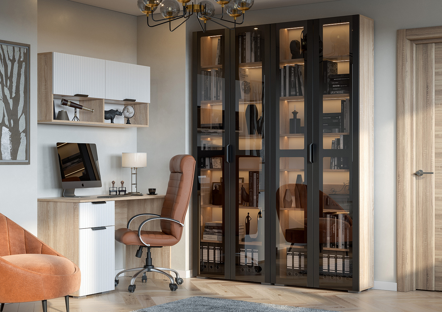 Шкаф 2-х створчатый со стеклом Норд ШКВ-800 дуб сонома / софт черный