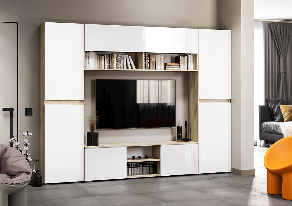 Гостиная Вирола 3  дуб крафт серый / белый глянец