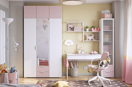 Детская Зефир К1 белое дерево / белый муар / пудра розовая