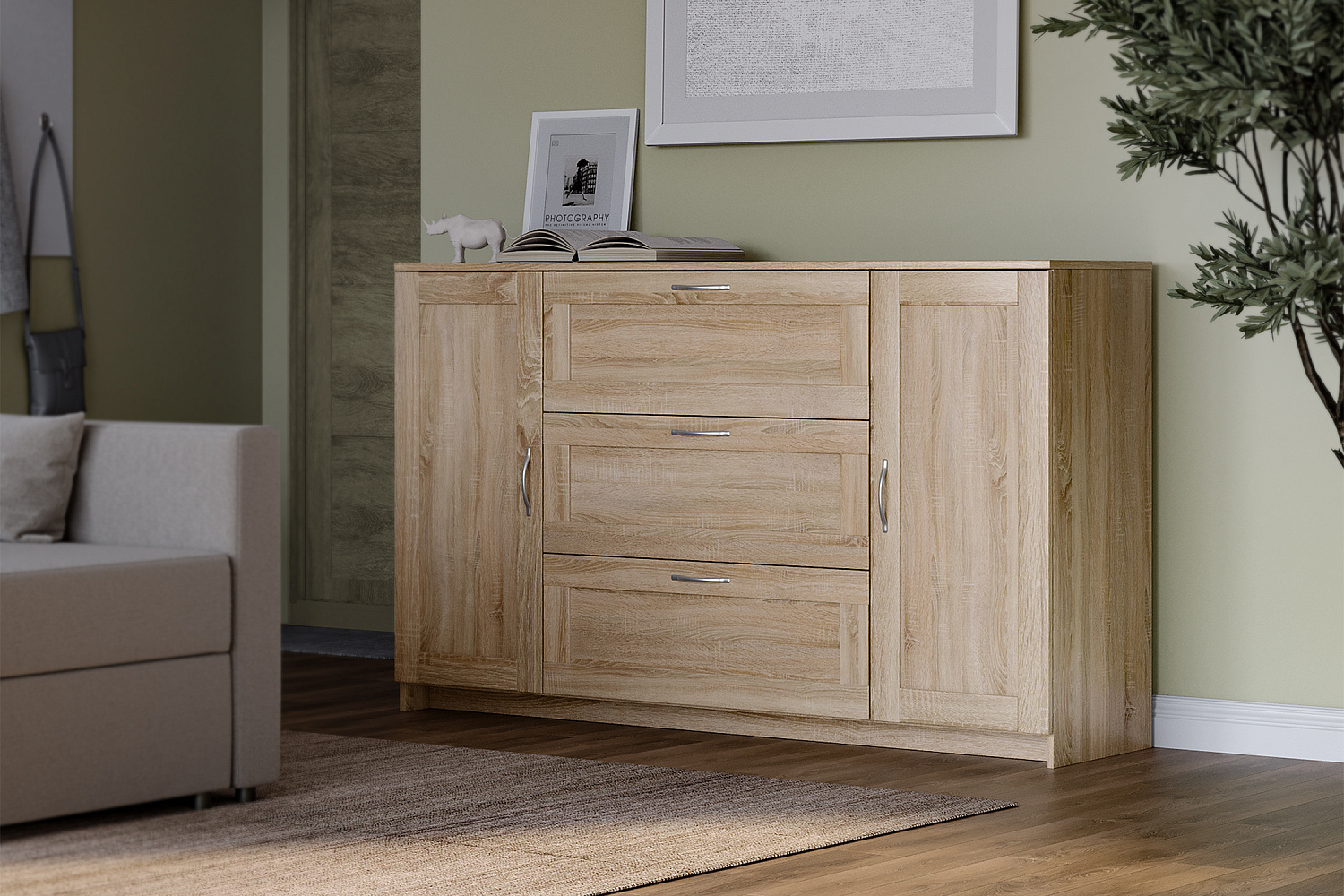 Комод с дверцами Сириус 3 ящика сонома