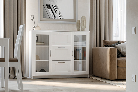 Комод с дверцами Сириус со стеклом и 3 ящиками белый