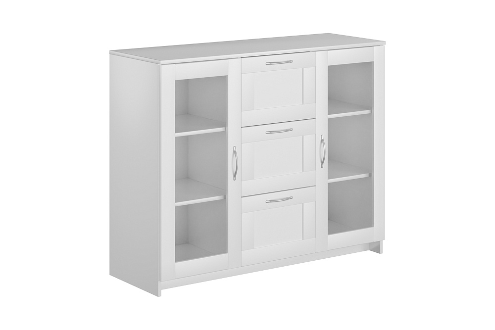 Комод с дверцами Сириус со стеклом и 3 ящиками белый