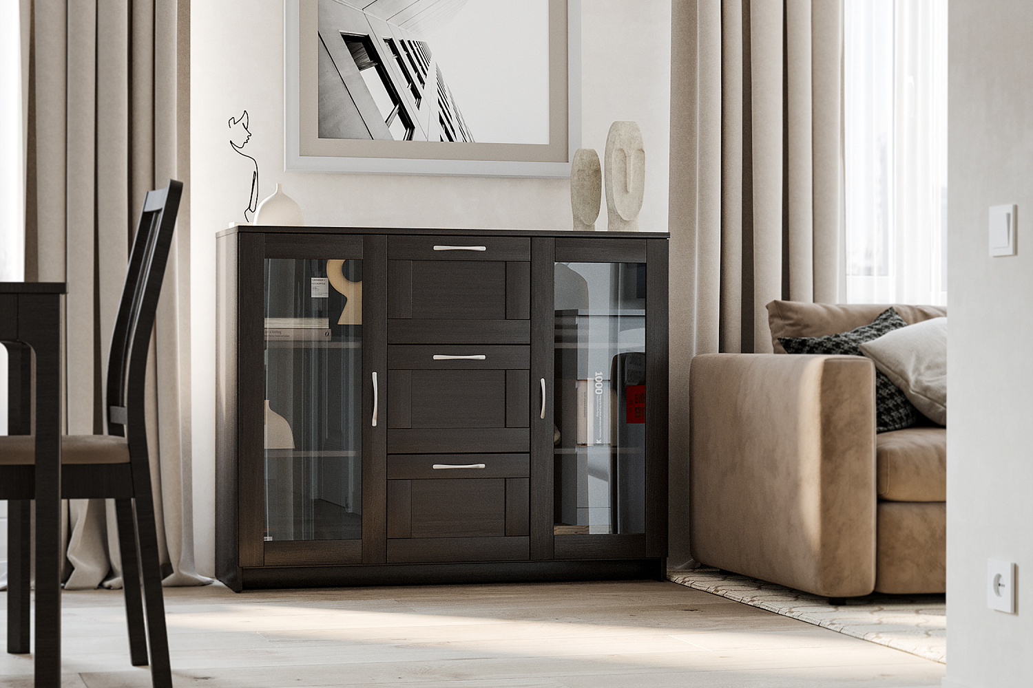 Комод с дверцами Сириус со стеклом и 3 ящиками дуб венге