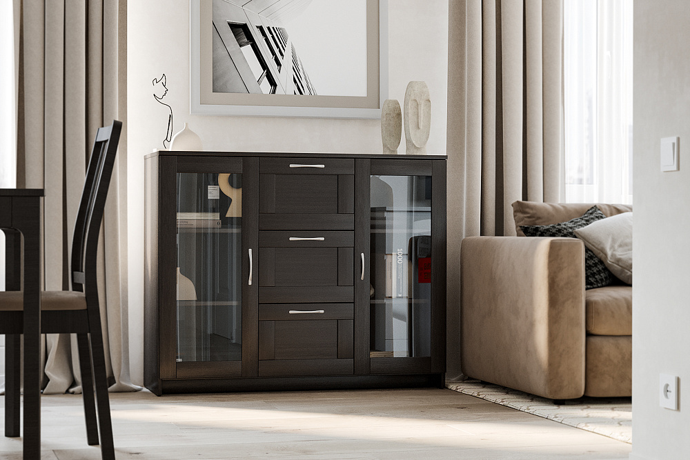 Комод с дверцами Сириус со стеклом и 3 ящиками дуб венге