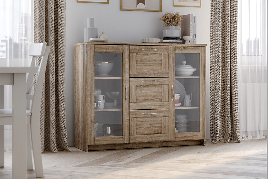 Комод с дверцами Сириус со стеклом и 3 ящиками сонома