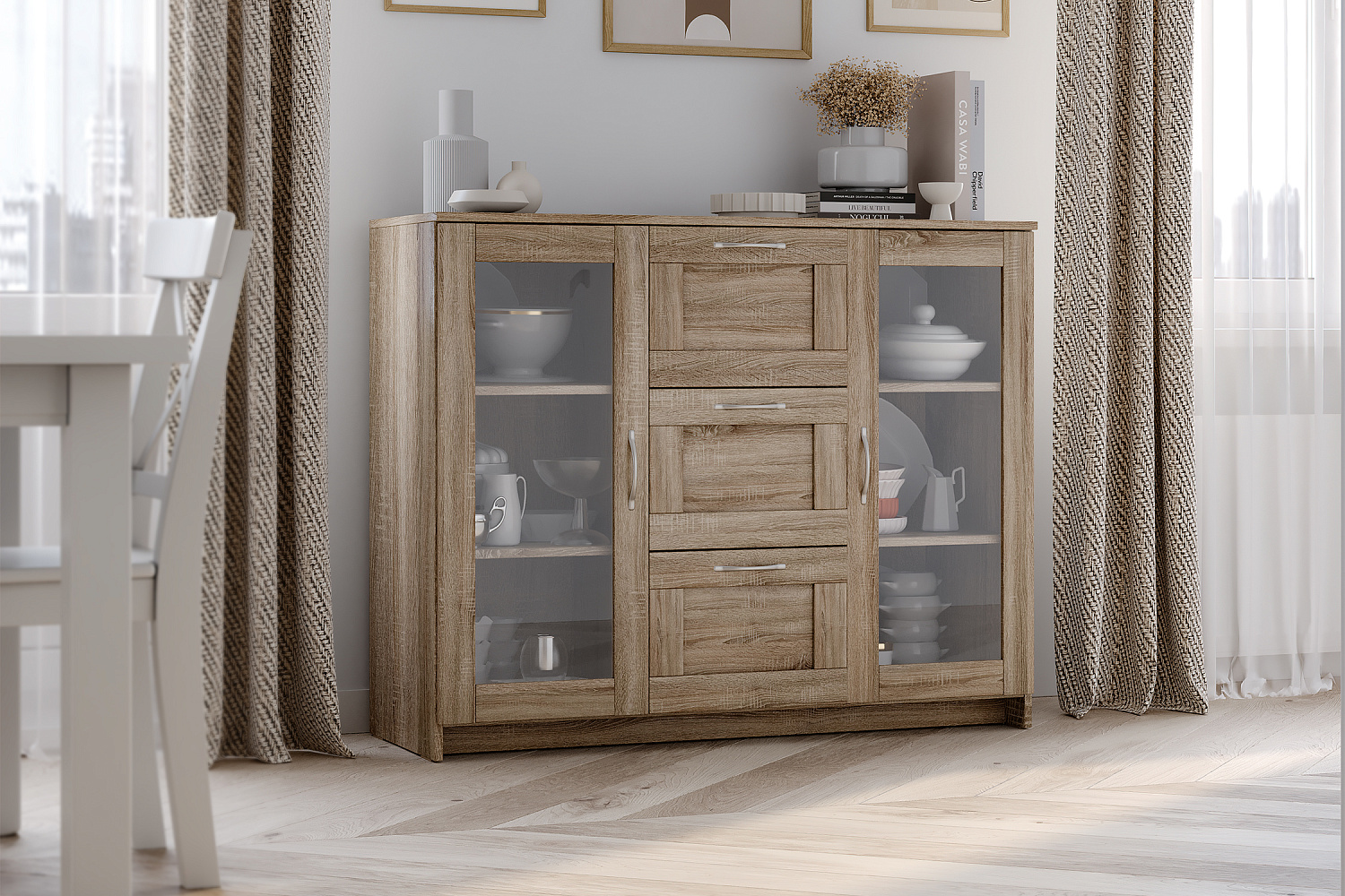 Комод с дверцами Сириус со стеклом и 3 ящиками сонома