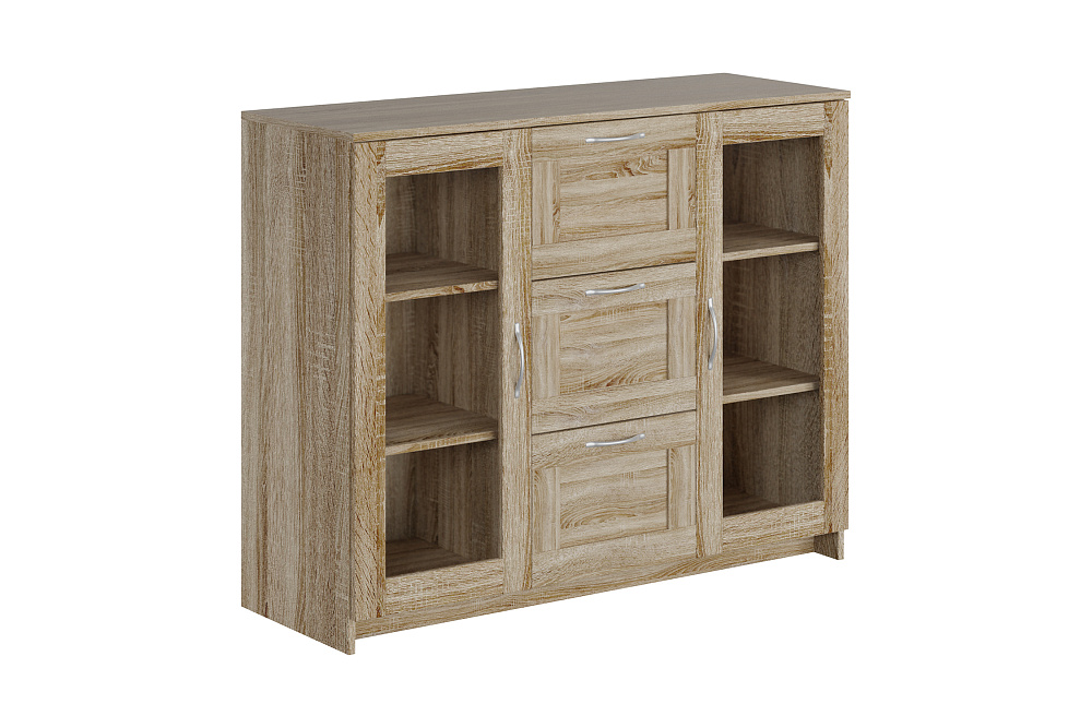 Комод с дверцами Сириус со стеклом и 3 ящиками сонома