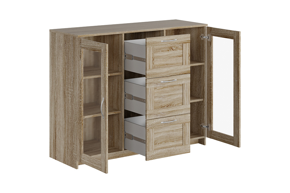 Комод с дверцами Сириус со стеклом и 3 ящиками сонома