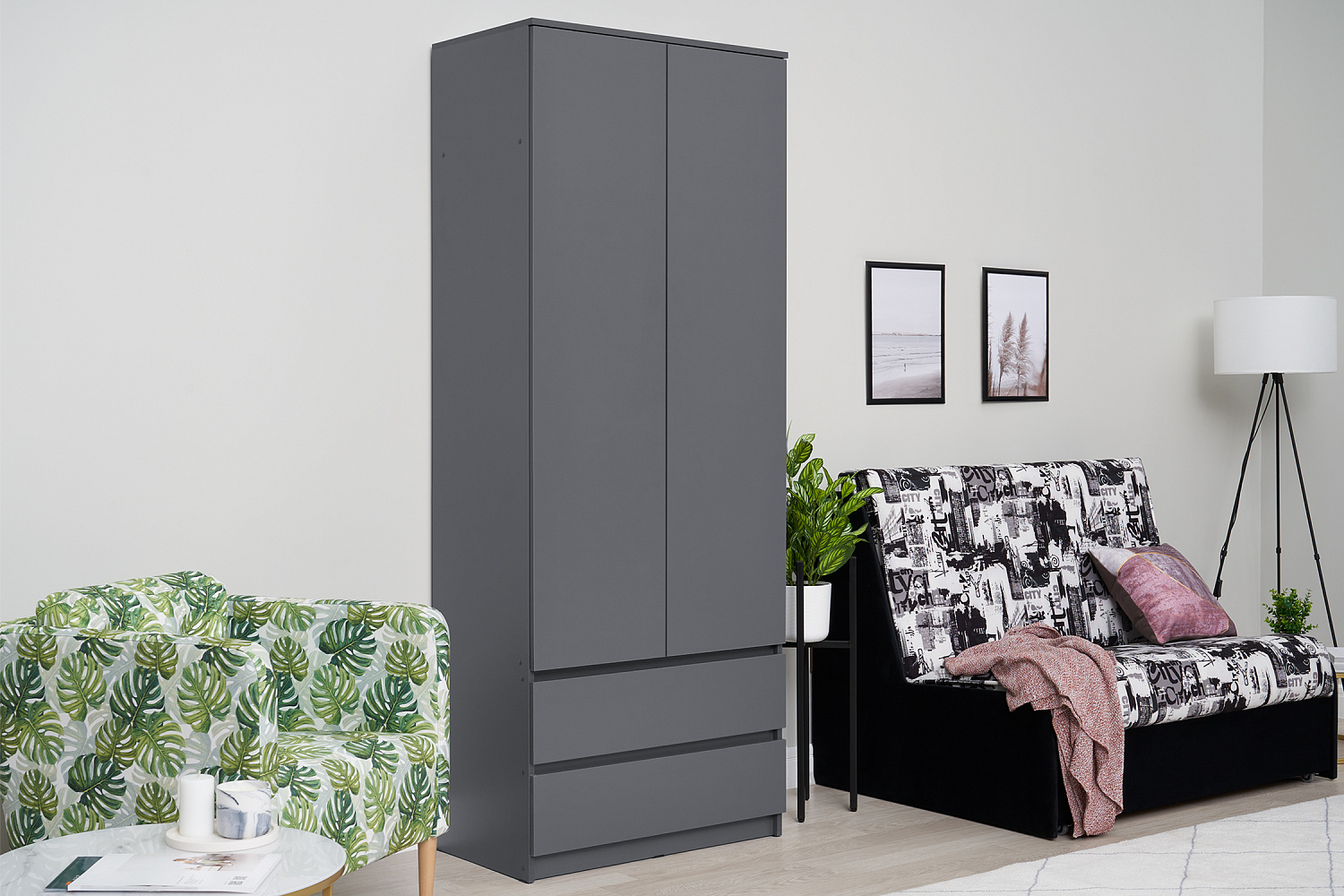 Шкаф 2-х створчатый с ящиками Эккервуд графит серый