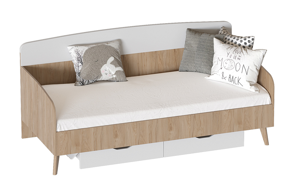 Кровать Калгари 0.9 м с 2-мя ящиками дуб натуральный светлый / белый матовый
